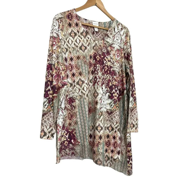 Chico's Size 2 (US L 12) Women's Long Sleeve V Neck Asymmetric Hem  Tunic Top - Picture 2 of 6